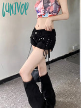 Lunivop Women’s Low Waist Strap Design Black Denim Shorts Summer New Street Wrapped Hip Hot Pants